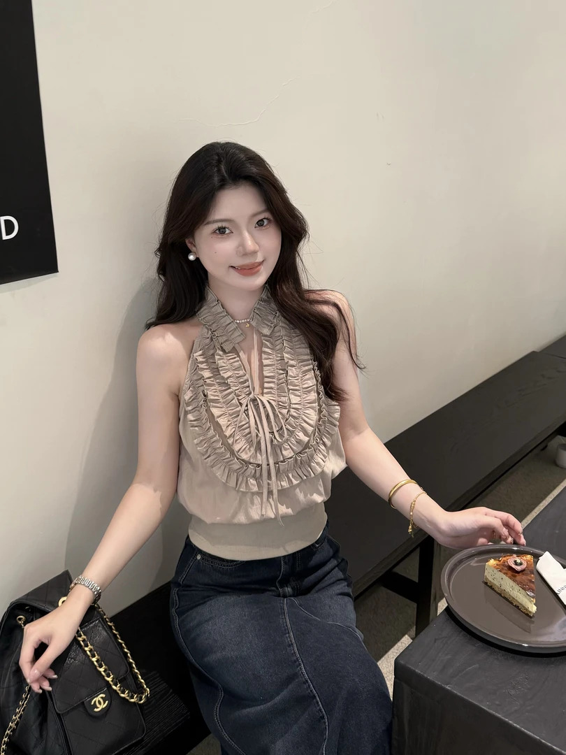 【黑迪专属】韩系夏日重工小众气质立体花边拼接设计感无袖挂脖背心