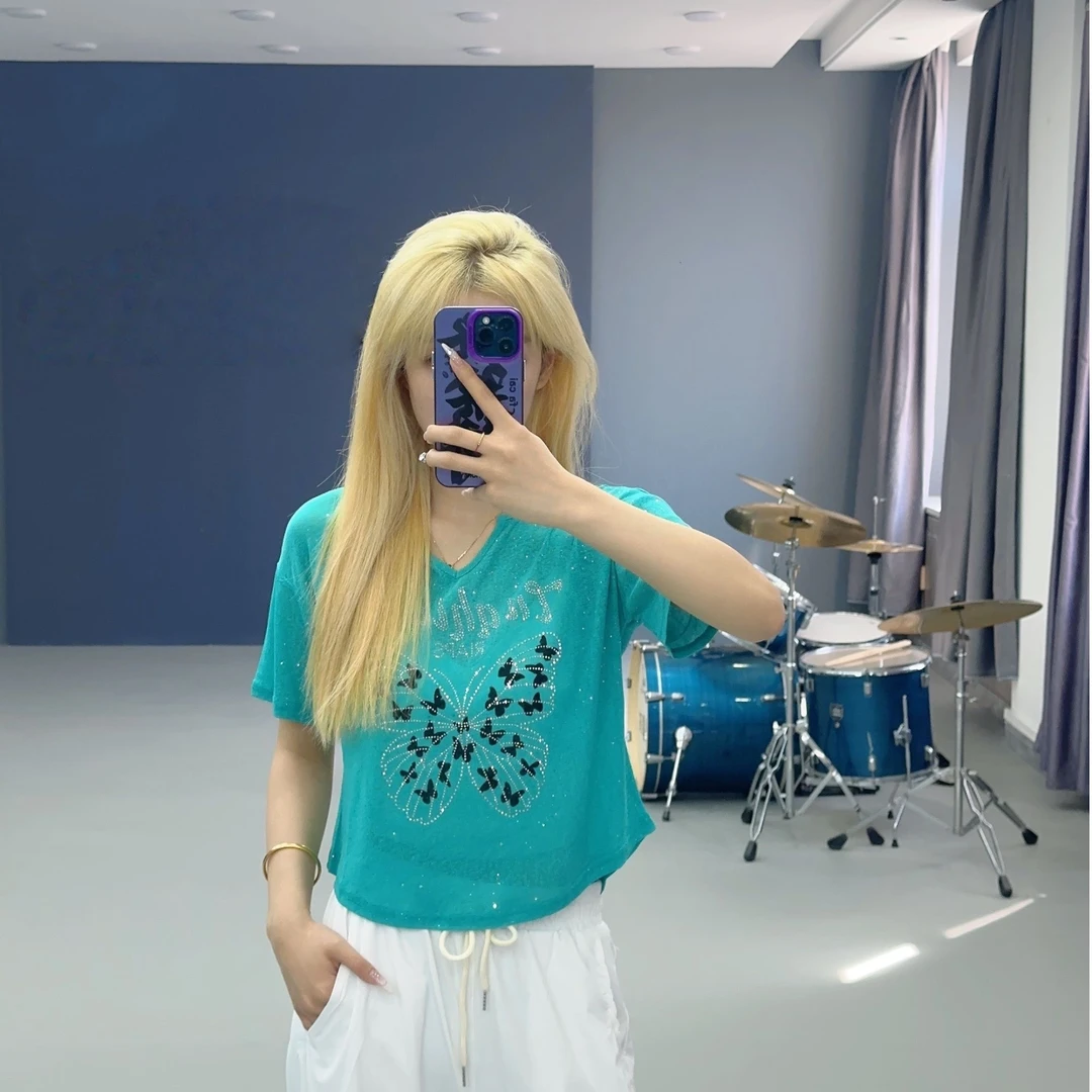 9578夏季新品冰丝竹节纱短袖T恤烫钻亮片半袖休闲减龄宽松重工