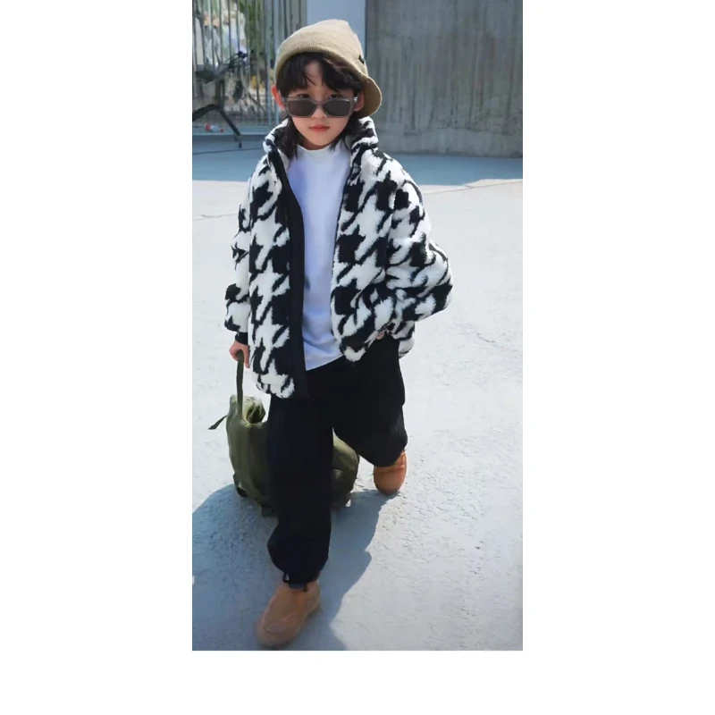 HX3307323457新款时尚千鸟格毛毛棉外套