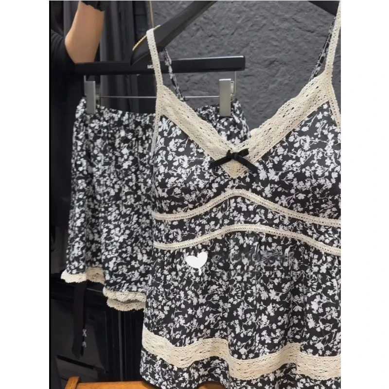 冰雪丝睡衣女吊带短裤夏季带胸垫蕾丝高级感碎花家居服吊带睡衣