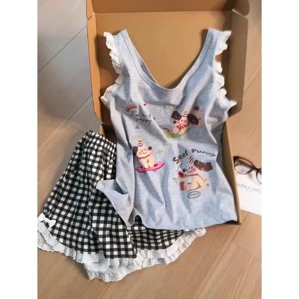 韩系可爱腊肠狗背心睡衣女夏季新款蕾丝边格子短裤家居服套装外穿