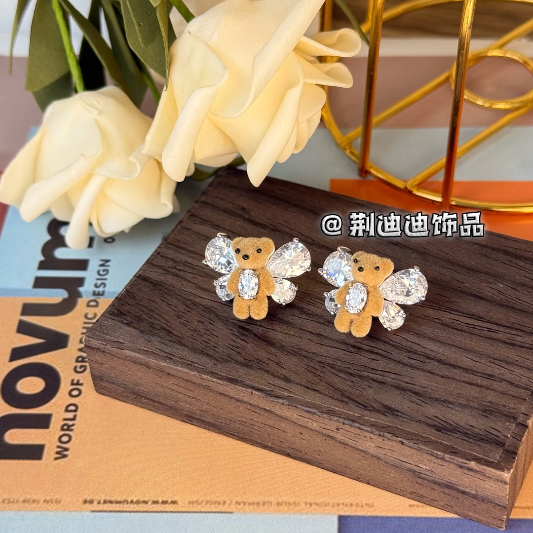 铜合金锆石耳饰 植绒小熊金色锆石耳饰RS-1034