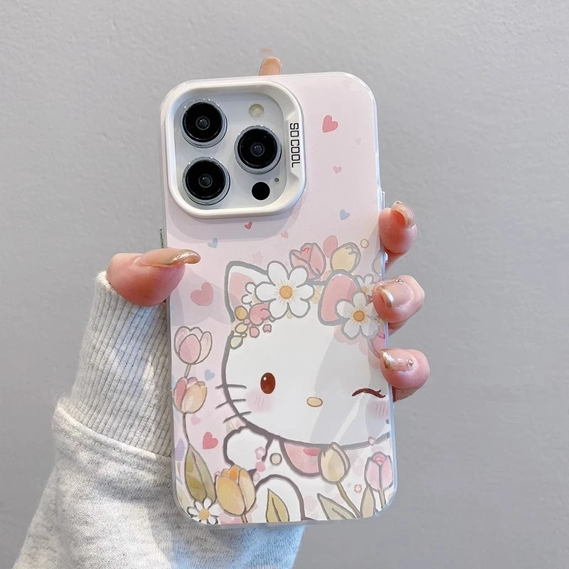 郁金香凯蒂猫适用苹果16promax手机壳新款彩绘iPhone15pro磨砂14