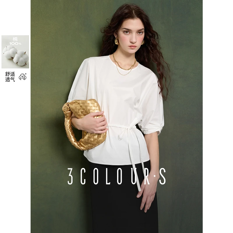 【100匹马棉】三彩2025夏季新款宽松小衫白衬衣圆领灯笼袖女S