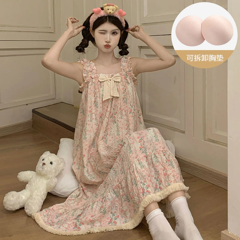 胸垫睡衣女夏季睡裙吊带泡泡棉背心春秋家居服宽松可爱连衣裙花朵