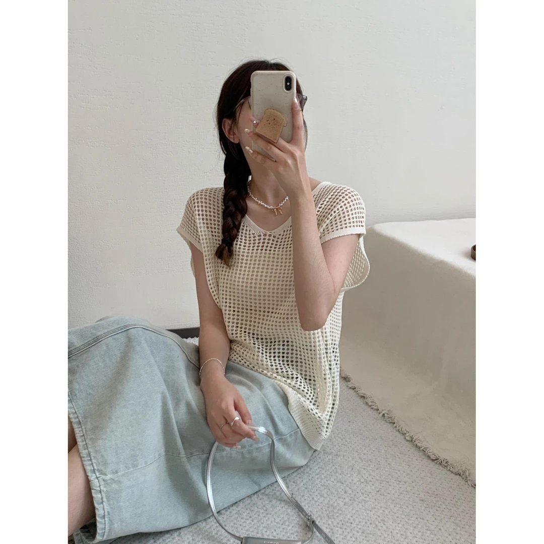 圆领休闲风短袖镂空夏季毛针织衫百搭显瘦小众复古衬衫格子