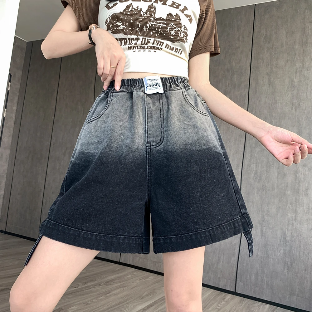 胖mm夏季薄款高腰牛仔短裤女款A字版热裤撞色宽松阔腿裤大码女装