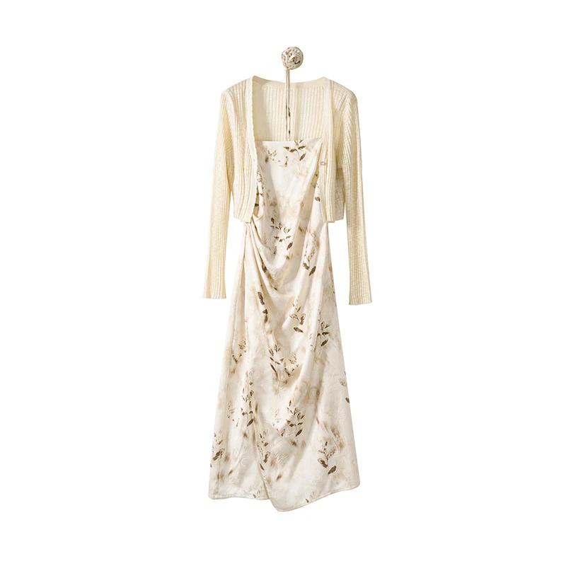 花色两件套气质连衣裙U型领舒适文艺风裙子设计师夏季收腰9365