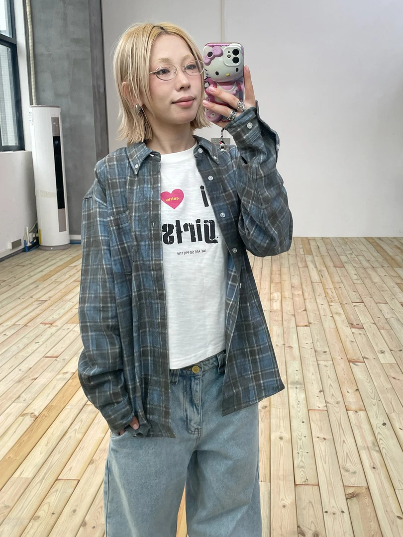 MMBBT【黑蓝格】水洗翻领秋冬宽松休闲衬衫