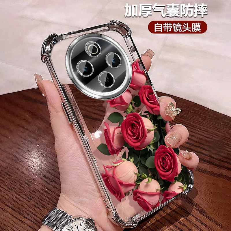适用vivoy300pro+手机壳透明防摔y300硅胶自带镜头膜女款红色碎花