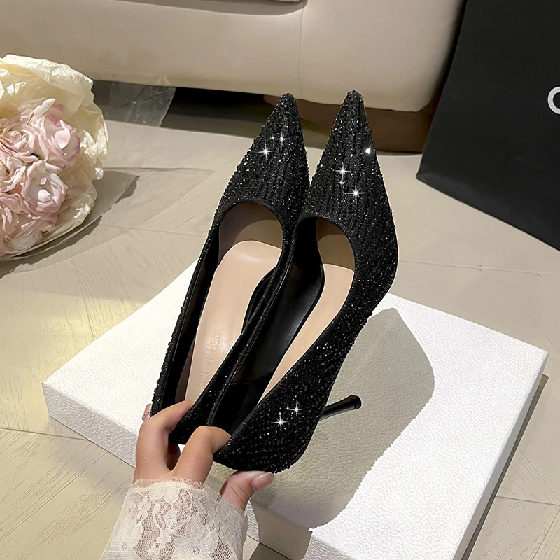 黑色浅口高跟鞋女春秋细跟2024新款尖头百搭舒适软底职业工作鞋女