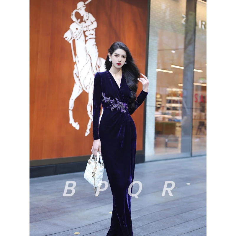 BPQR原创设计轻奢高定丝绒刺绣裙系带修身优雅领连衣裙