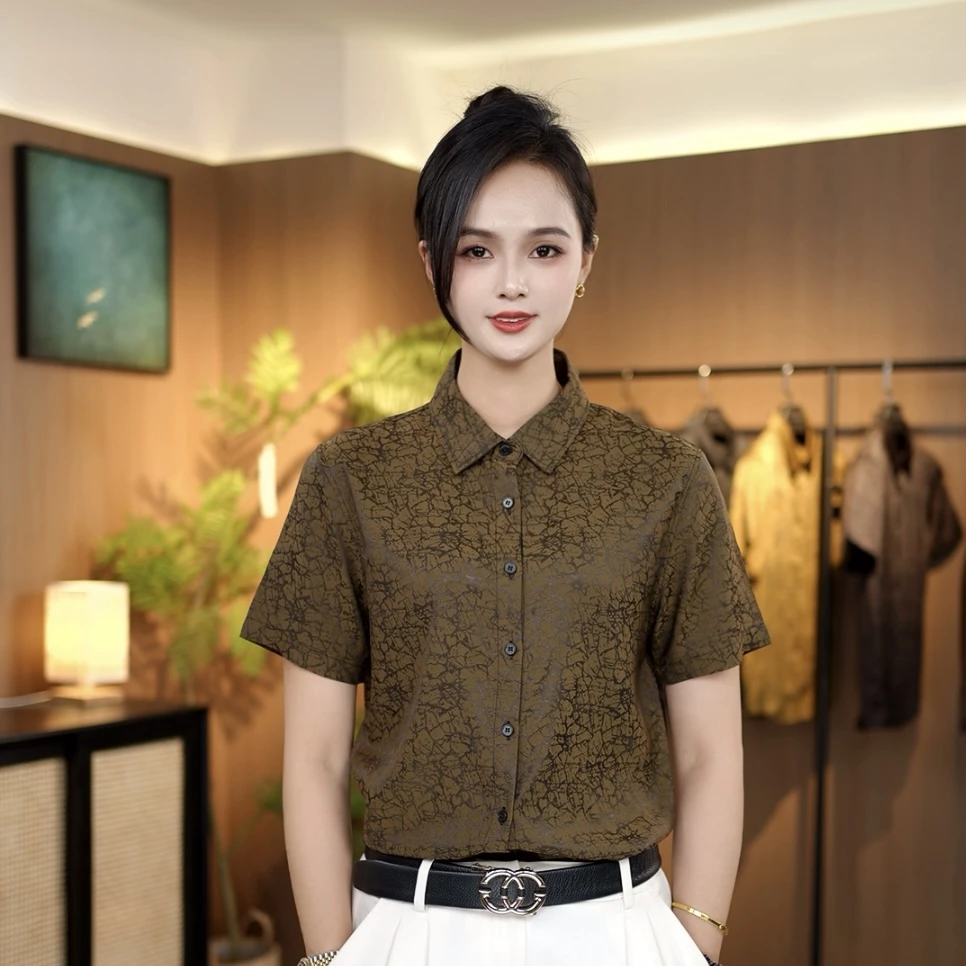 25年夏装（桑蚕丝）原创衬衫轻薄时尚短袖抗皱透气凉感百搭衬衣D