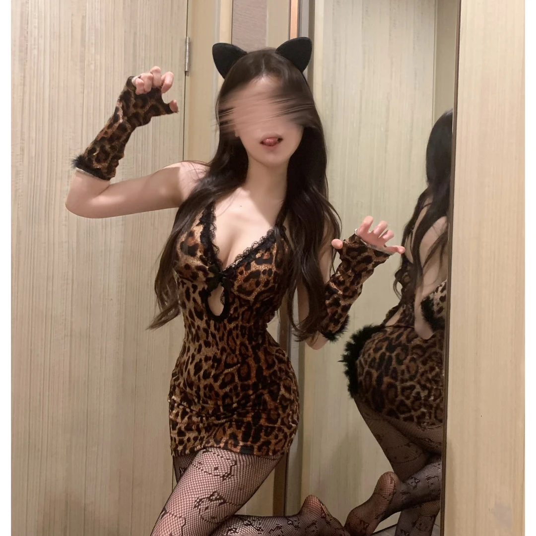 纯欲蕾丝豹纹诱惑V领拼接辣妹气质裙子