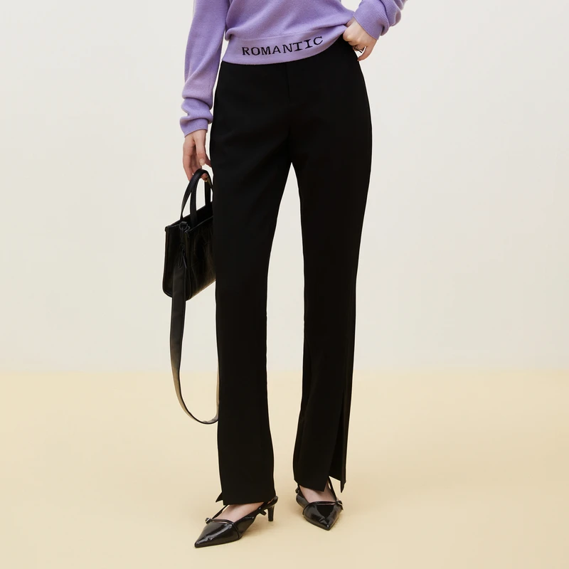 XG雪歌黑色休闲裤XI302028A490西装裤微喇显瘦裤脚开叉长裤