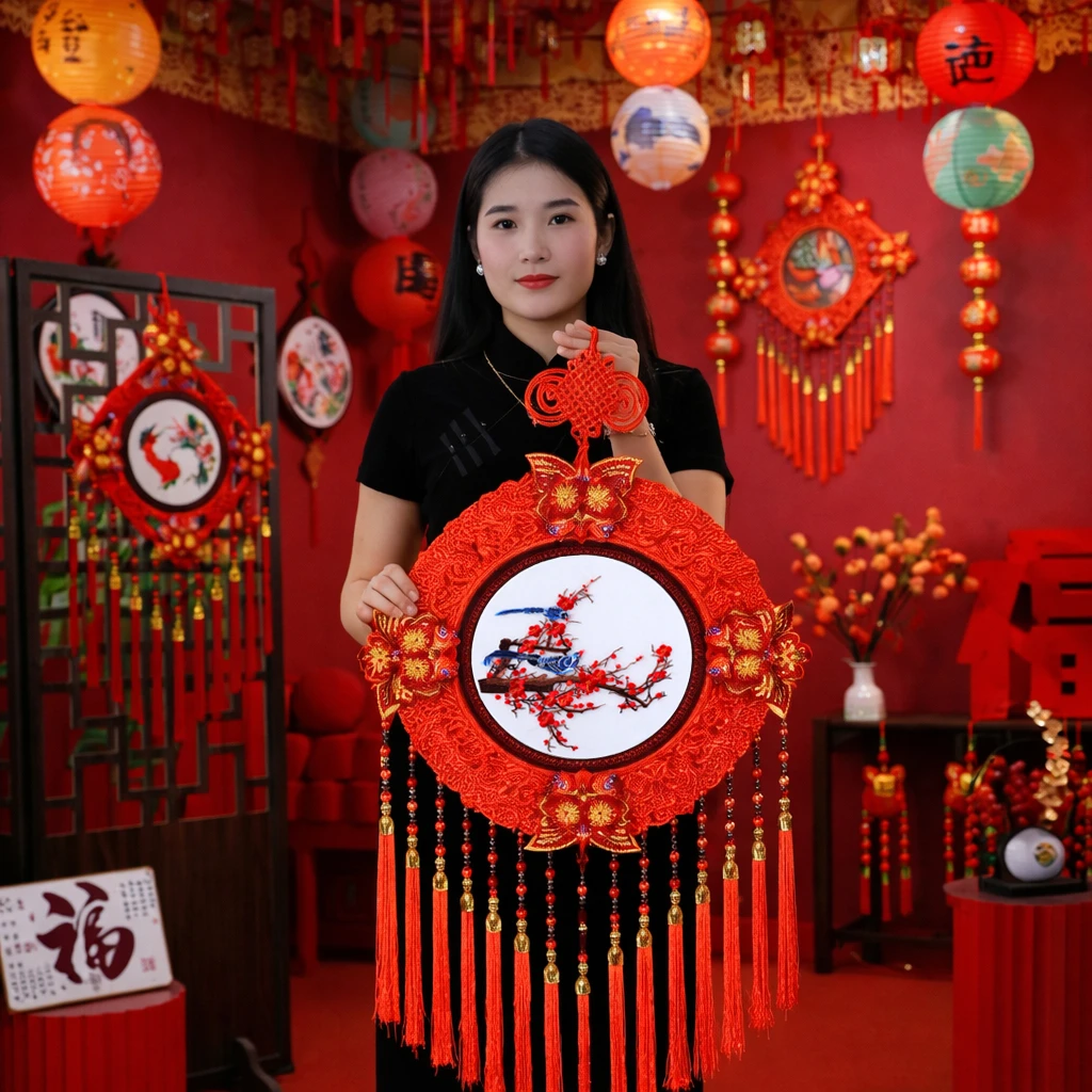 【中国红】新款手缝刺绣传统中国结挂饰客厅电视背景墙挂件福字款