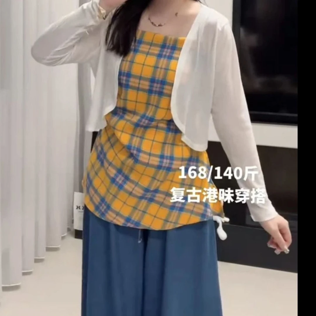 2025夏季新款大码女装套装韩系不规则格子吊带+开衫+阔腿牛仔裤