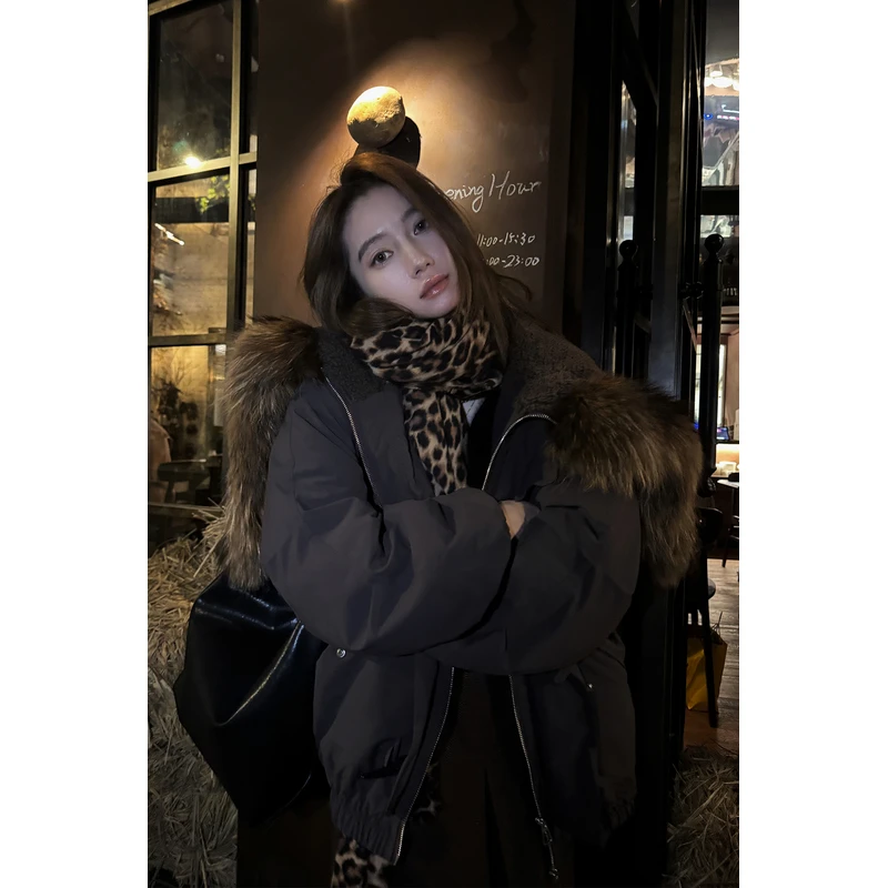 11/14秋冬上新CUN BLVD 酒红色气质显瘦毛领拉链棉服外套