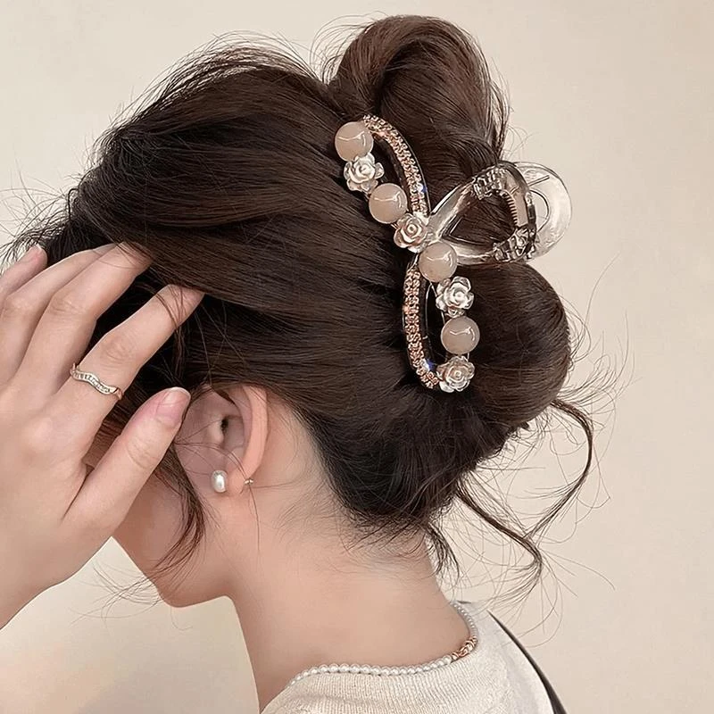 优雅小香风山茶花珠珠抓夹大号女后脑勺高端盘发鲨鱼夹发夹1261