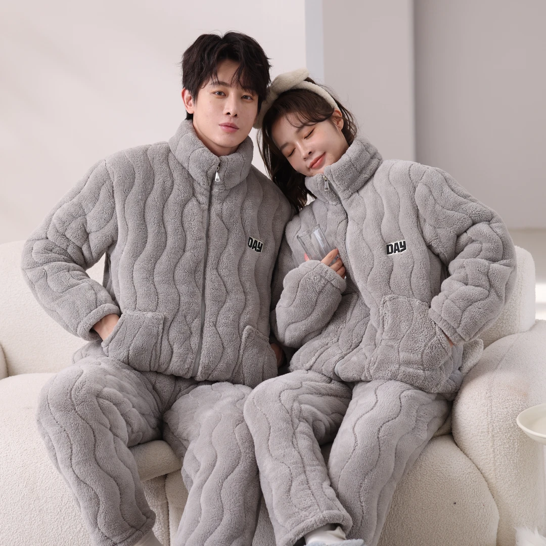 冬季情侣三层加厚加绒夹棉高领保暖珊瑚绒家居服套装睡衣棉袄