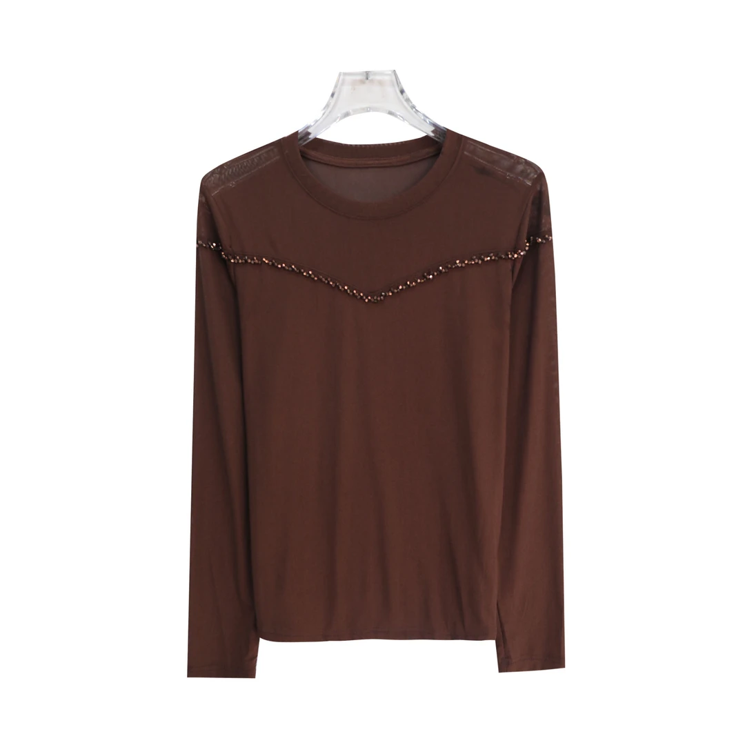 圆领套头拼接网纱烫钻百搭纯色高级感T恤S3389