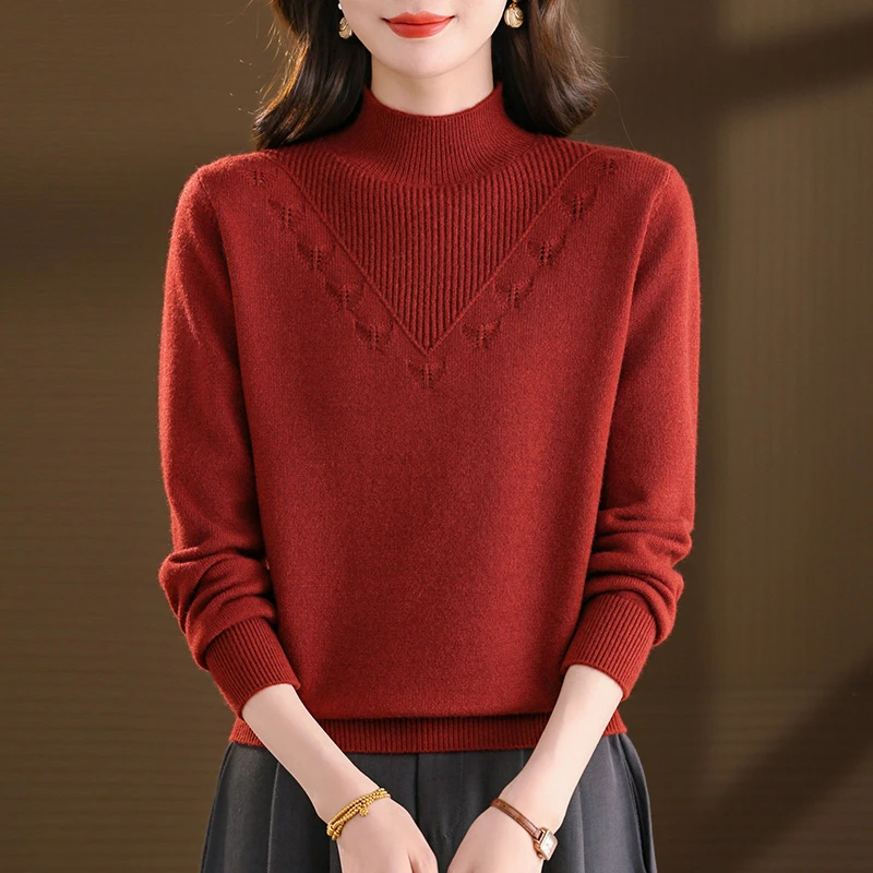 妈妈红色毛衣女秋冬2026新款羊毛半高领针织打底衫冬季保暖上衣厚