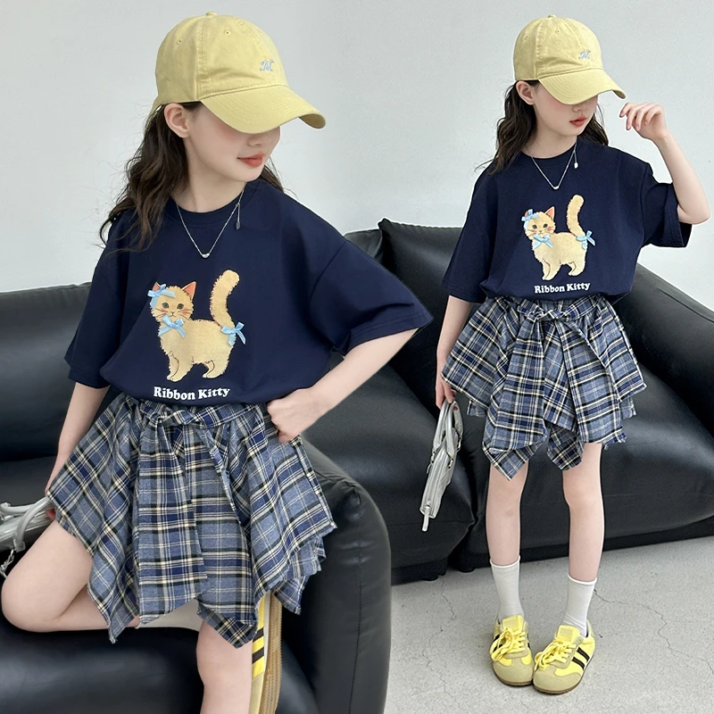 女童休闲套装2025夏季新款6-12岁15超好看短袖T恤格子短裙两件套