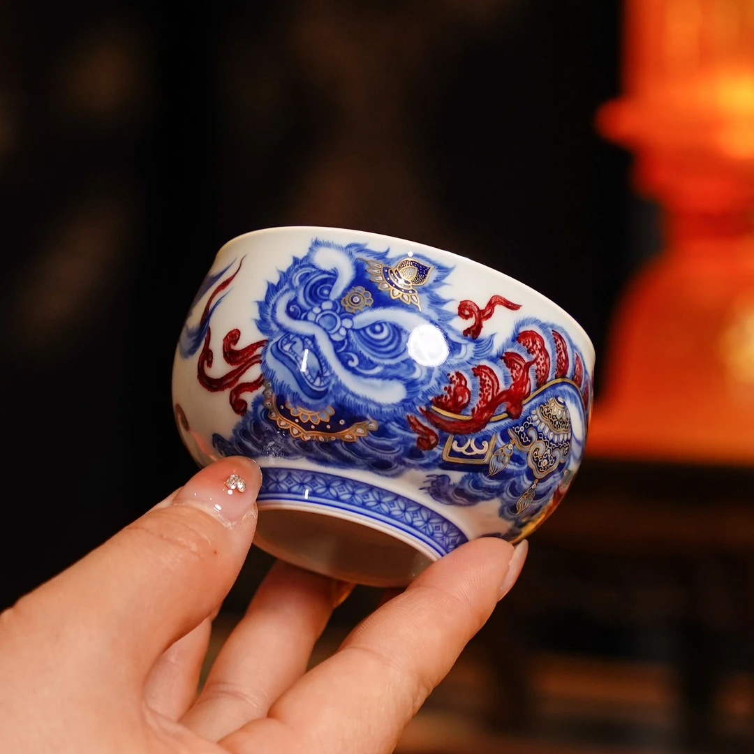 永明尚玩  醒狮献瑞描金炉式杯   纯手工陶瓷喝茶饮茶 YM133