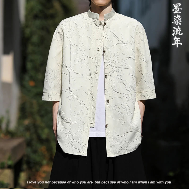 中国风烫金褶皱设计汉服短袖衬衫2025年夏季新款男士立领复古衬衣