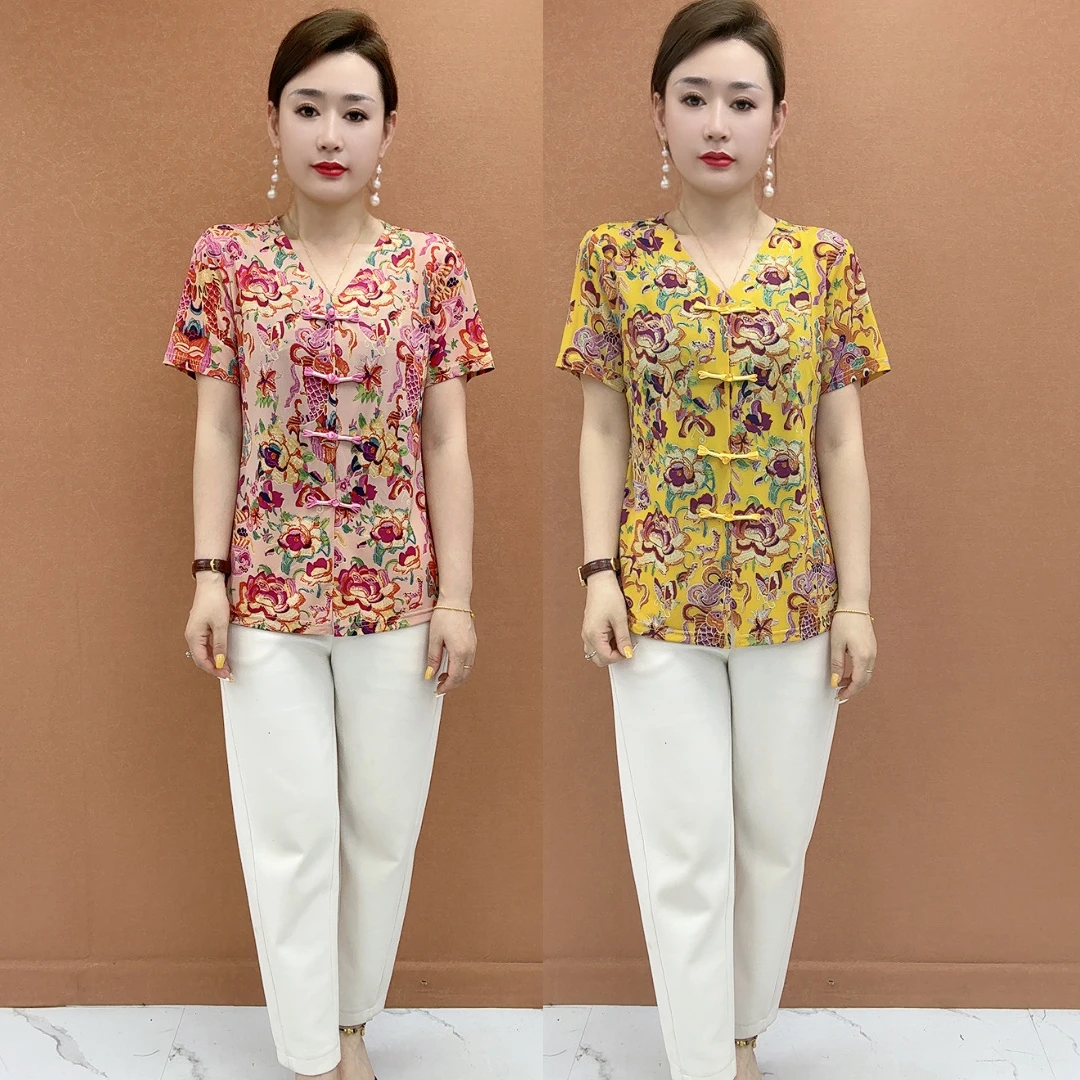 2025夏季新款复古盘扣中式短袖减龄打底衫妈妈装显瘦T恤百搭上衣