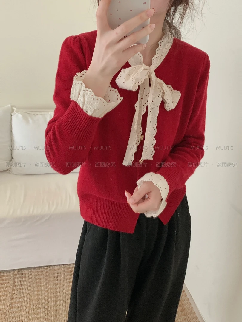 甜妹必入款～超精致！蕾丝系带韩系氛围感减龄针织（含100%绵羊毛）