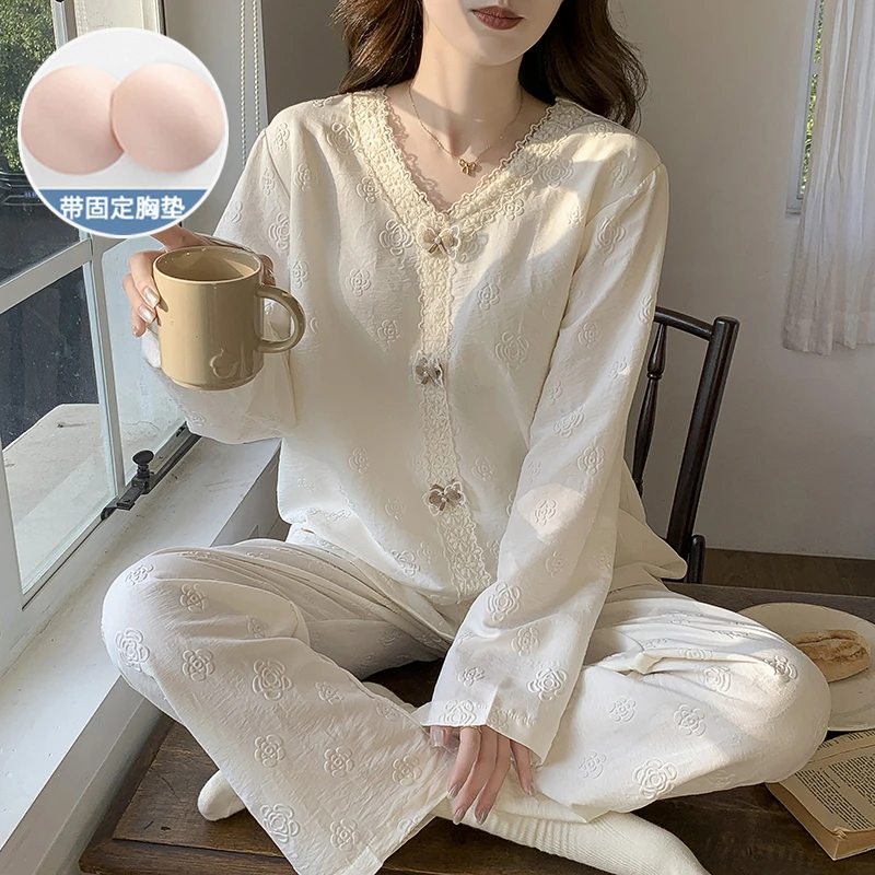 睡衣女春秋款云朵棉长袖套装2025新款带胸垫女士可外穿大码家居服