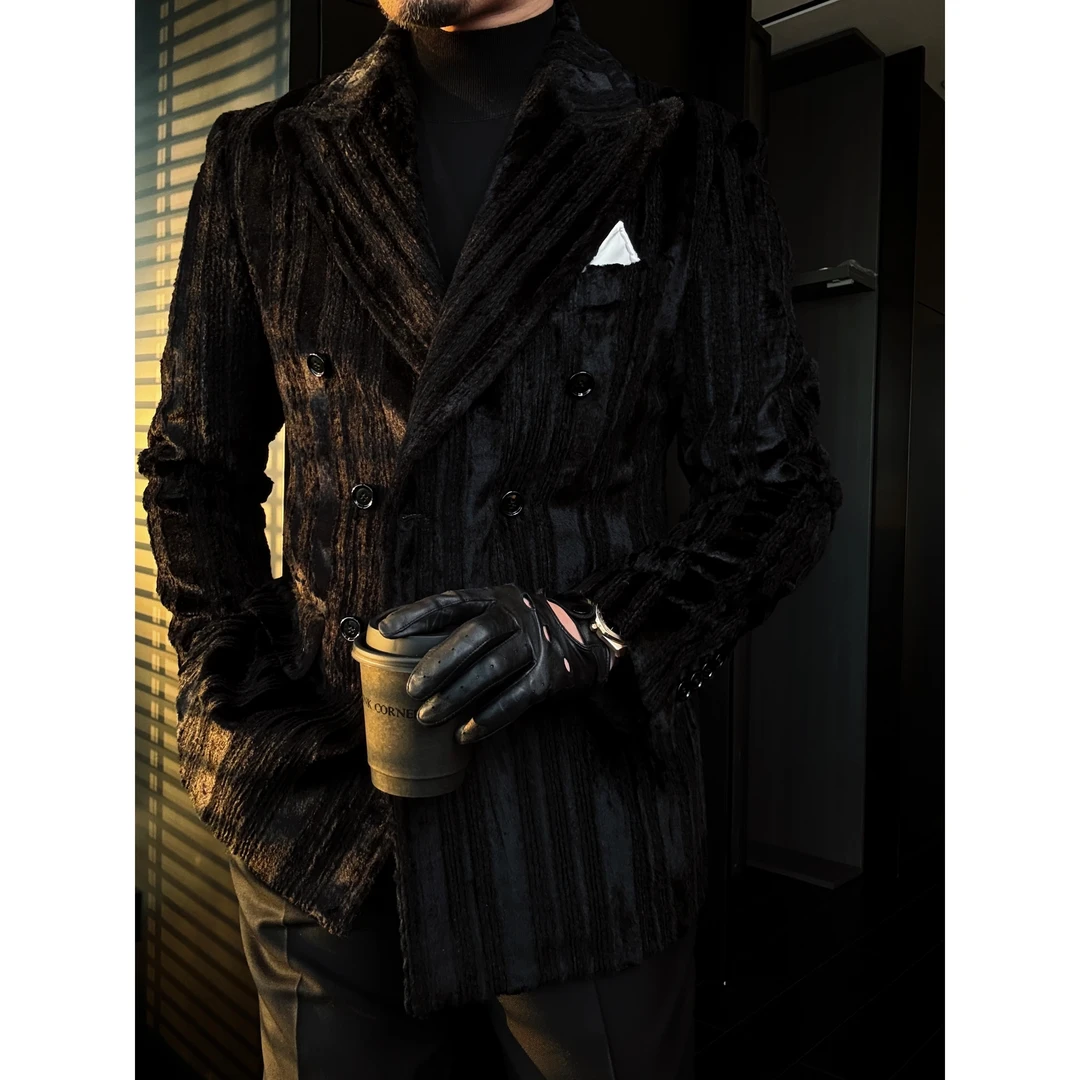 DRUNKCORNER 双排戗驳领立体条绒西服单上衣时尚男士秋冬