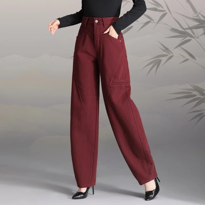 新款酒红色休闲裤大码高腰阔腿灯笼裤梨型身材宽松显瘦老爹萝卜裤