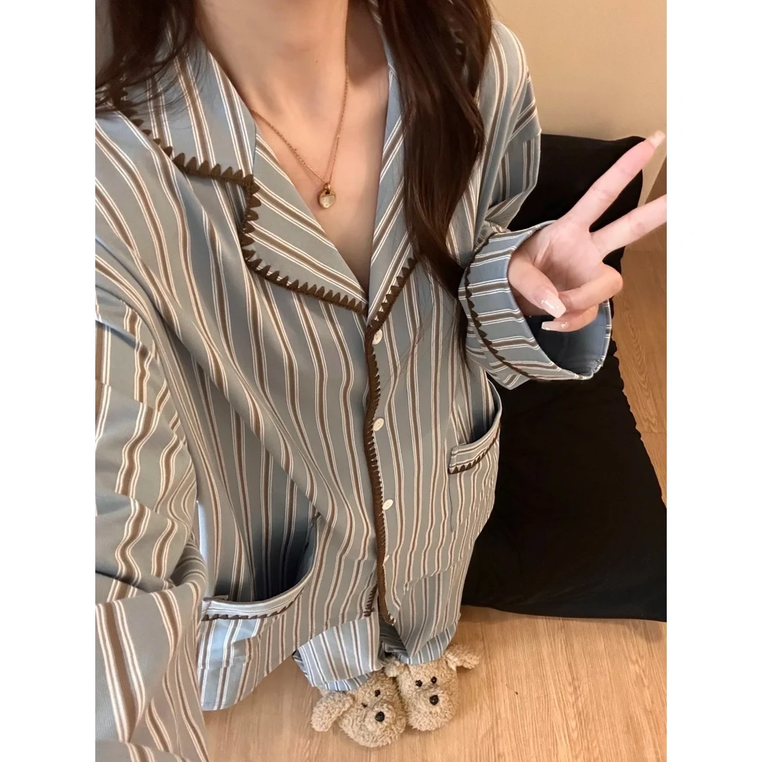 韩系甜美风蓝色条纹慵懒睡衣女秋季新款长裤套装可外穿显瘦家居服