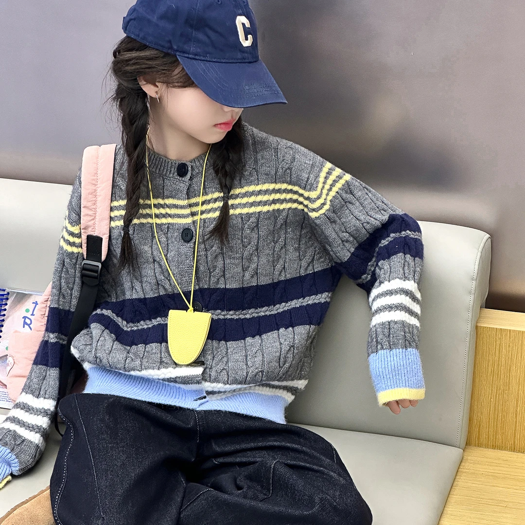 女童秋装拼色毛衣开衫2025新款小女孩6-12岁长袖时尚休闲宽松针织