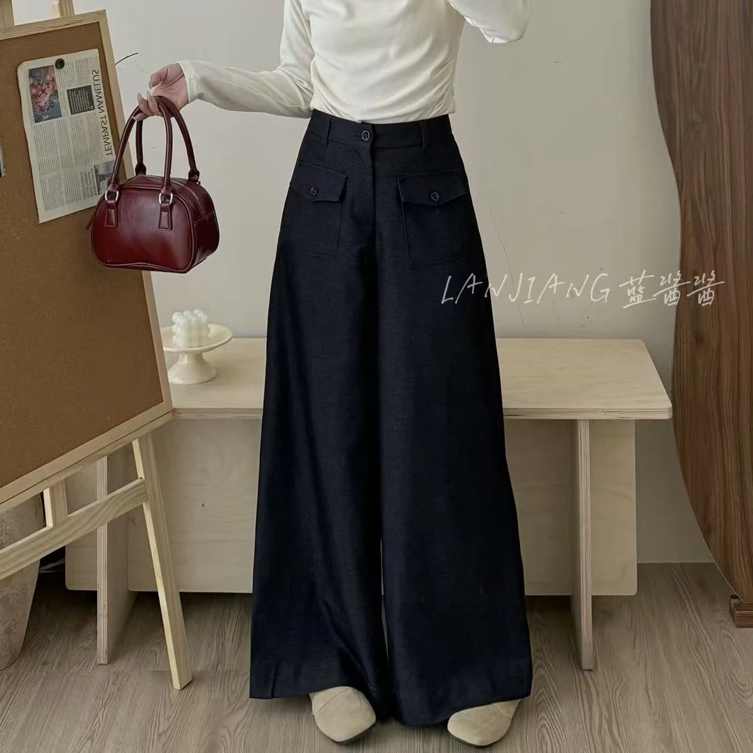 「运费补贴」LANJIANG 慵懒自在裤！高腰垂感双口袋休闲阔腿裤天丝蓝