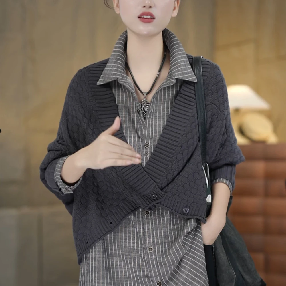 早秋新款灰色毛衣外套女时尚高级感宽松显瘦减龄洋气针织衫上衣