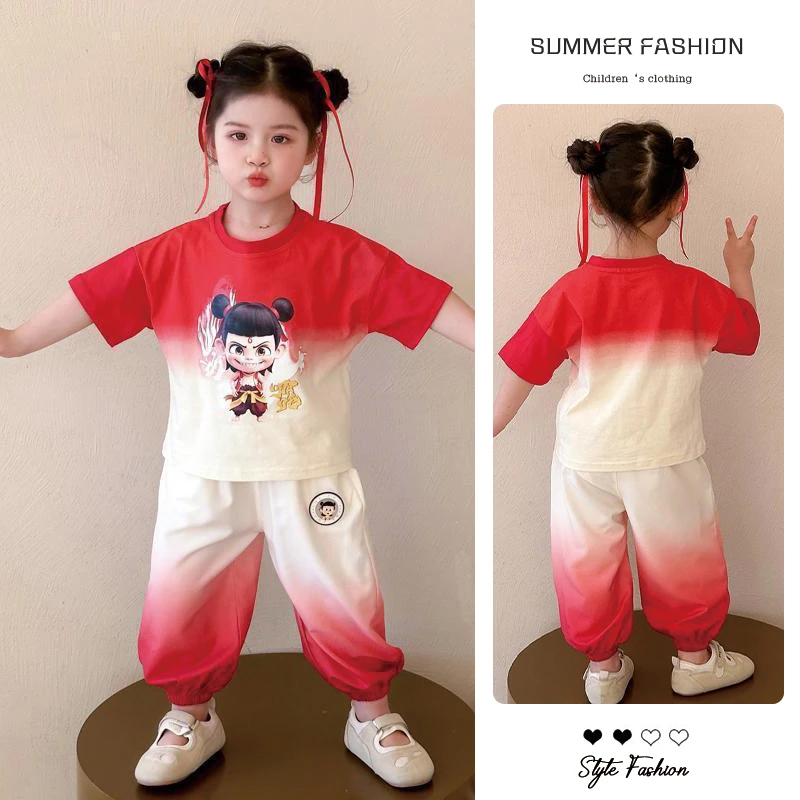 女童渐变衣服哪吒套装新款洋气女孩时髦休闲儿童卡通夏装两件套