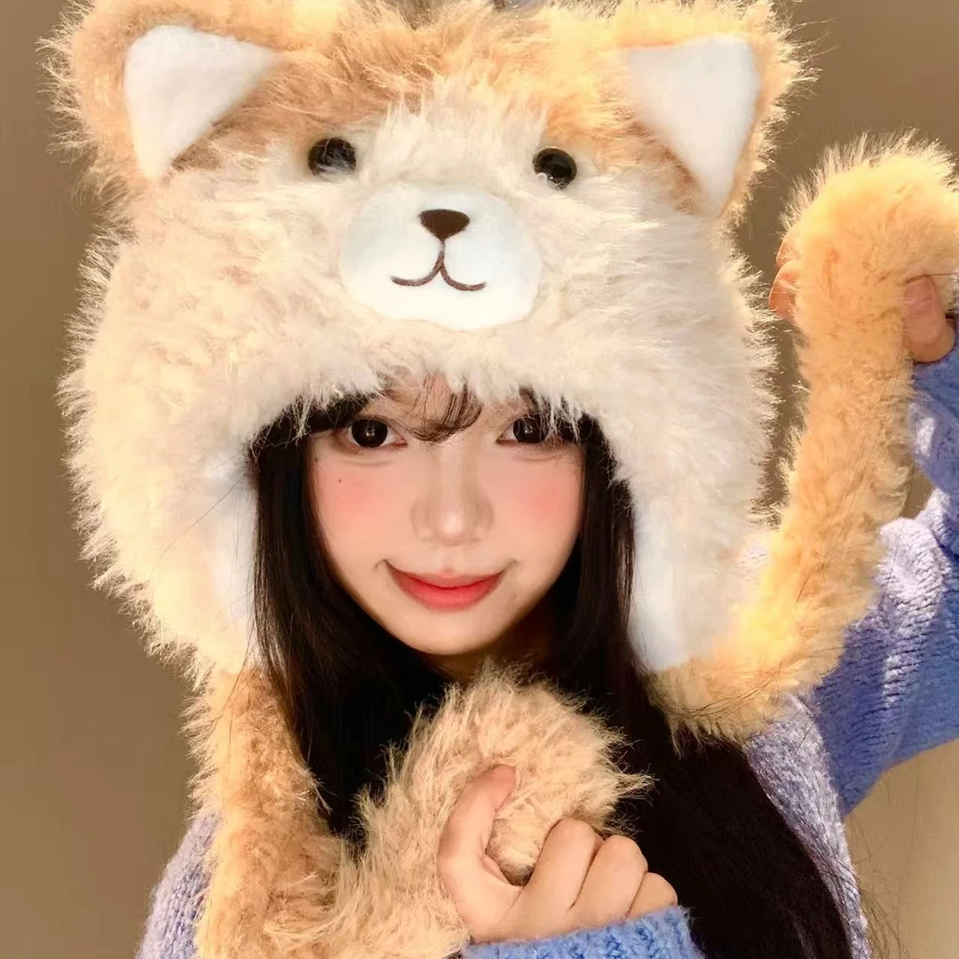 三花猫雷锋帽圆顶女加绒冬季学生帽子运动风秋冬ins卡通