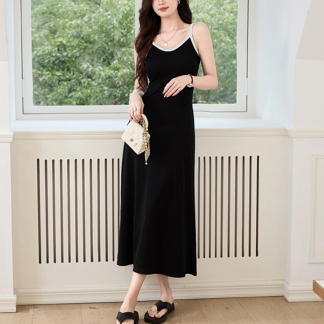 【质做高品】大摆吊带连衣裙女夏2025新款纯棉撞色V领背心长裙子