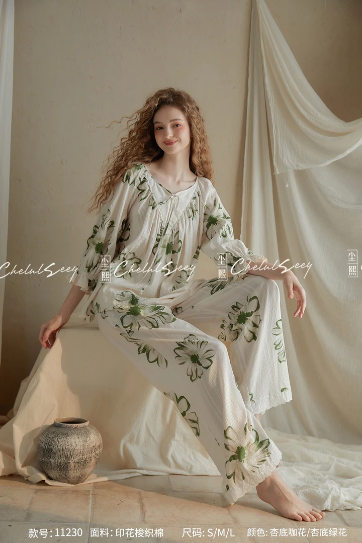 ChelnlSeey/尘熙法式高级感花朵宽松七分袖阔腿裤梭织棉棉家居服