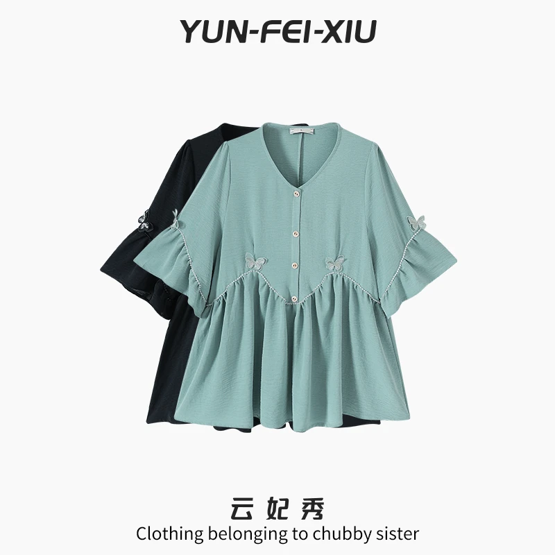 云妃秀大码女装T恤时尚休闲胖妹妹显瘦宽松韩版减龄上衣夏季22505