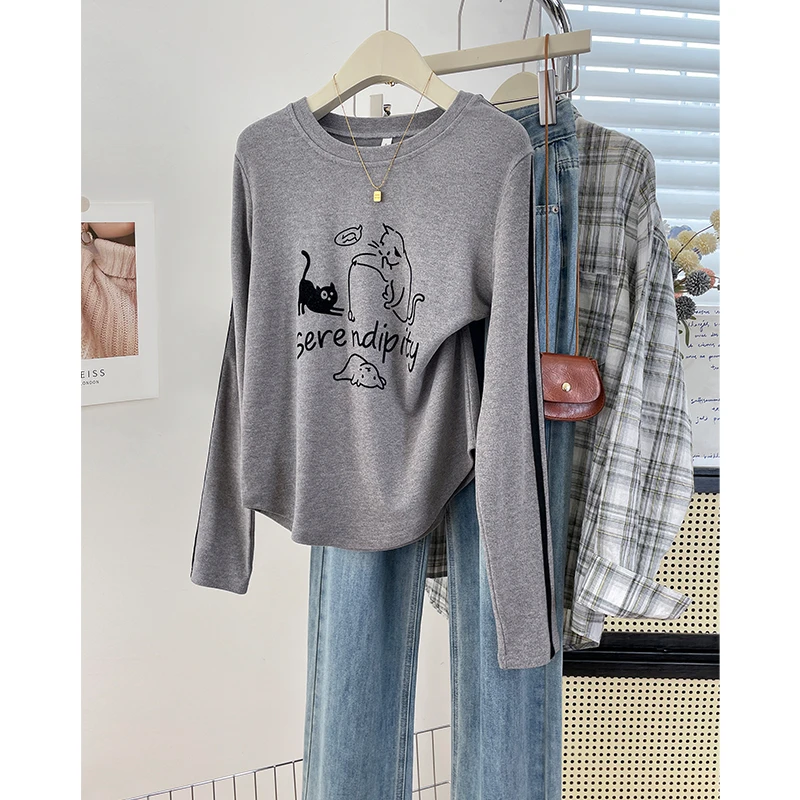 秋冬季双面绒内搭卡通猫咪植绒圆领长袖女加绒加厚保暖打底衫T恤