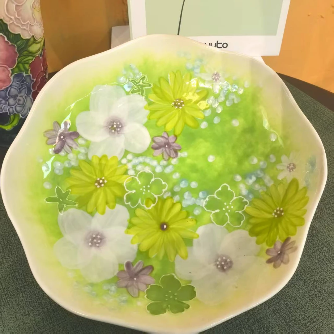 Sazaki濑户烧绿10英寸深圆盘子家用菜盘陶瓷手绘釉下彩高颜值