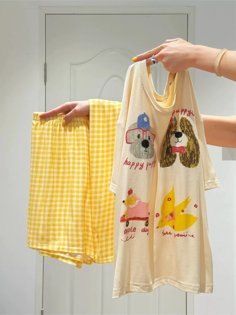 夏季短袖莫代尔女睡衣带胸垫夏天新款可外穿家居服三件套