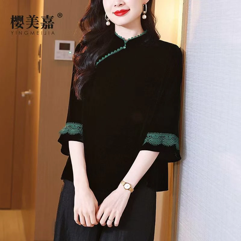 新中式国风复古盘扣丝绒衬衫女2025秋季新款高级感气质显瘦上衣