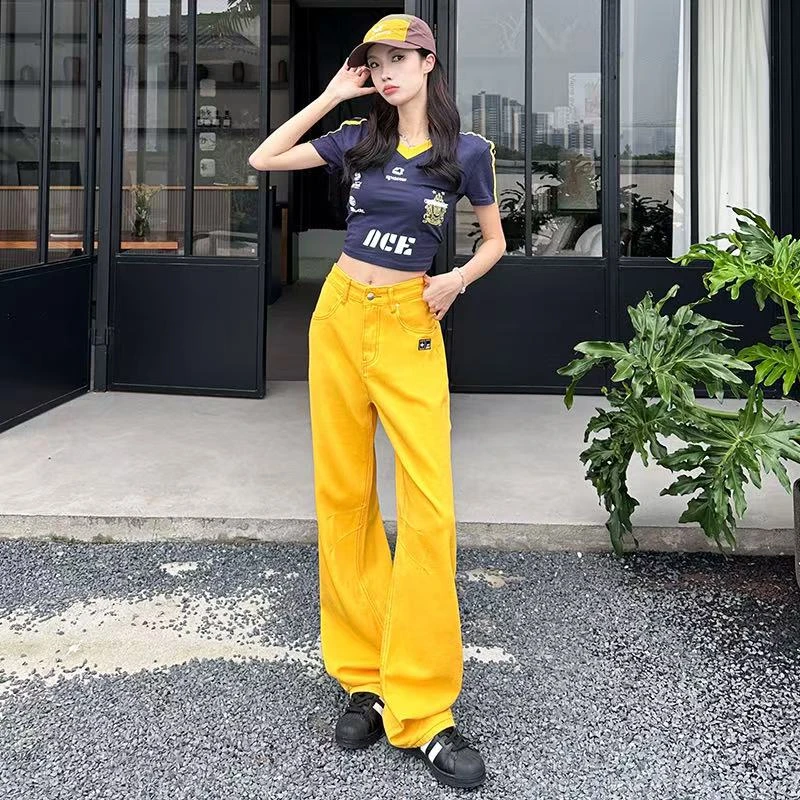 YZY街头随性波板黄阔腿牛仔裤女千禧辣妹炸街高腰显瘦垂感拖地裤