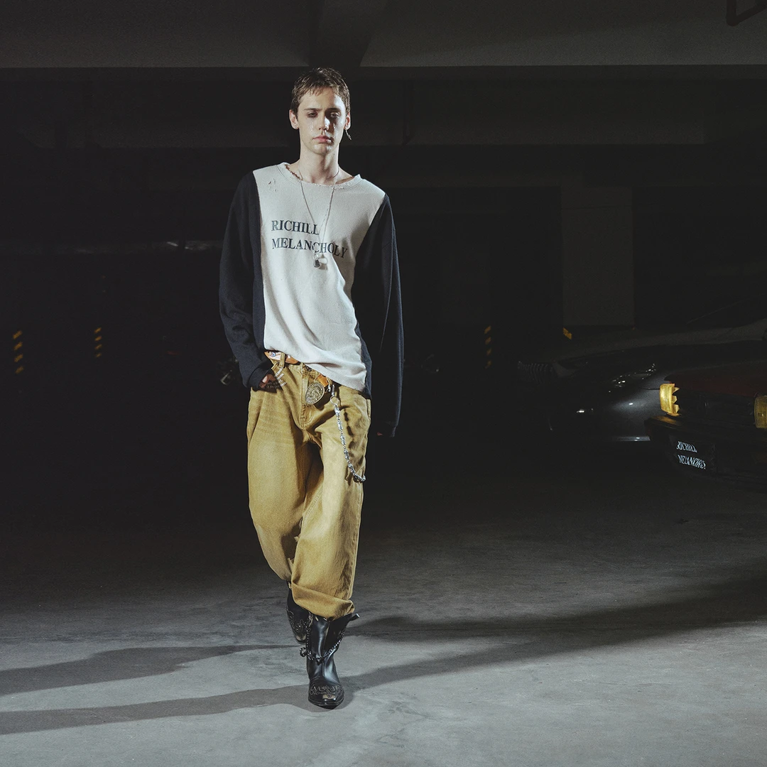 RICHILL MELANCHOLY 25AW 标语刺绣双扣卡其棕牛仔裤