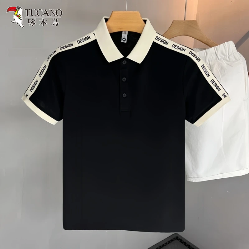 啄木鸟潮牌简约翻领短袖polo衫男款夏季潮流拼接冰丝凉感半袖T恤